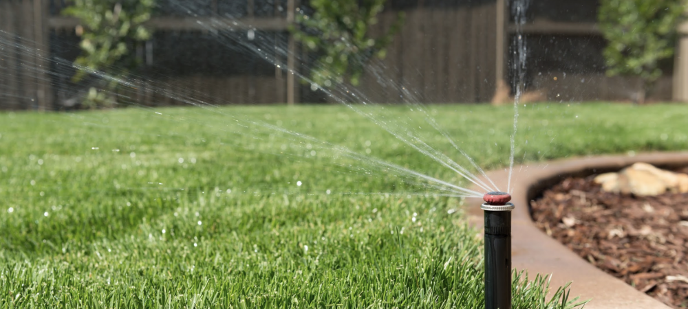 sprinkler head spraying water on lawn