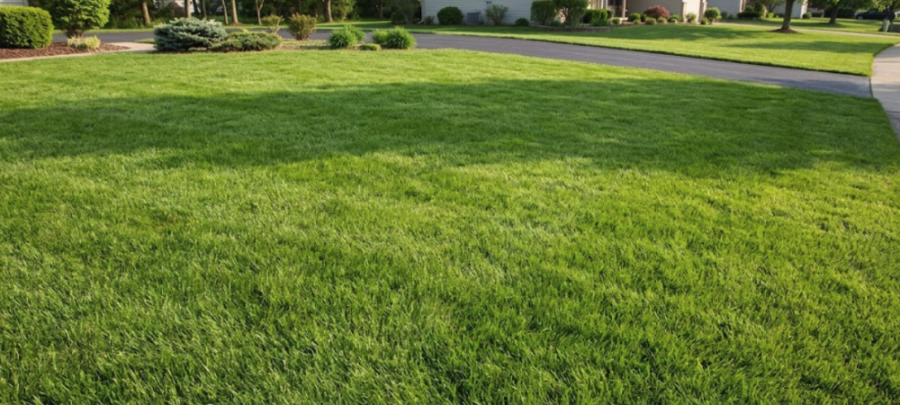 yard of green grass with houses in background